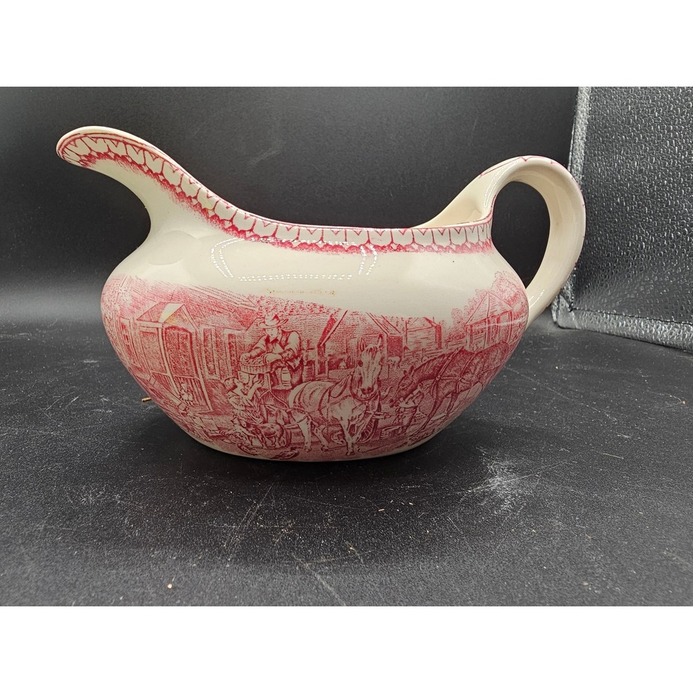 Homer Laughlin Currier & Ives Red Transferware Gravy Boat Preparing For Market
